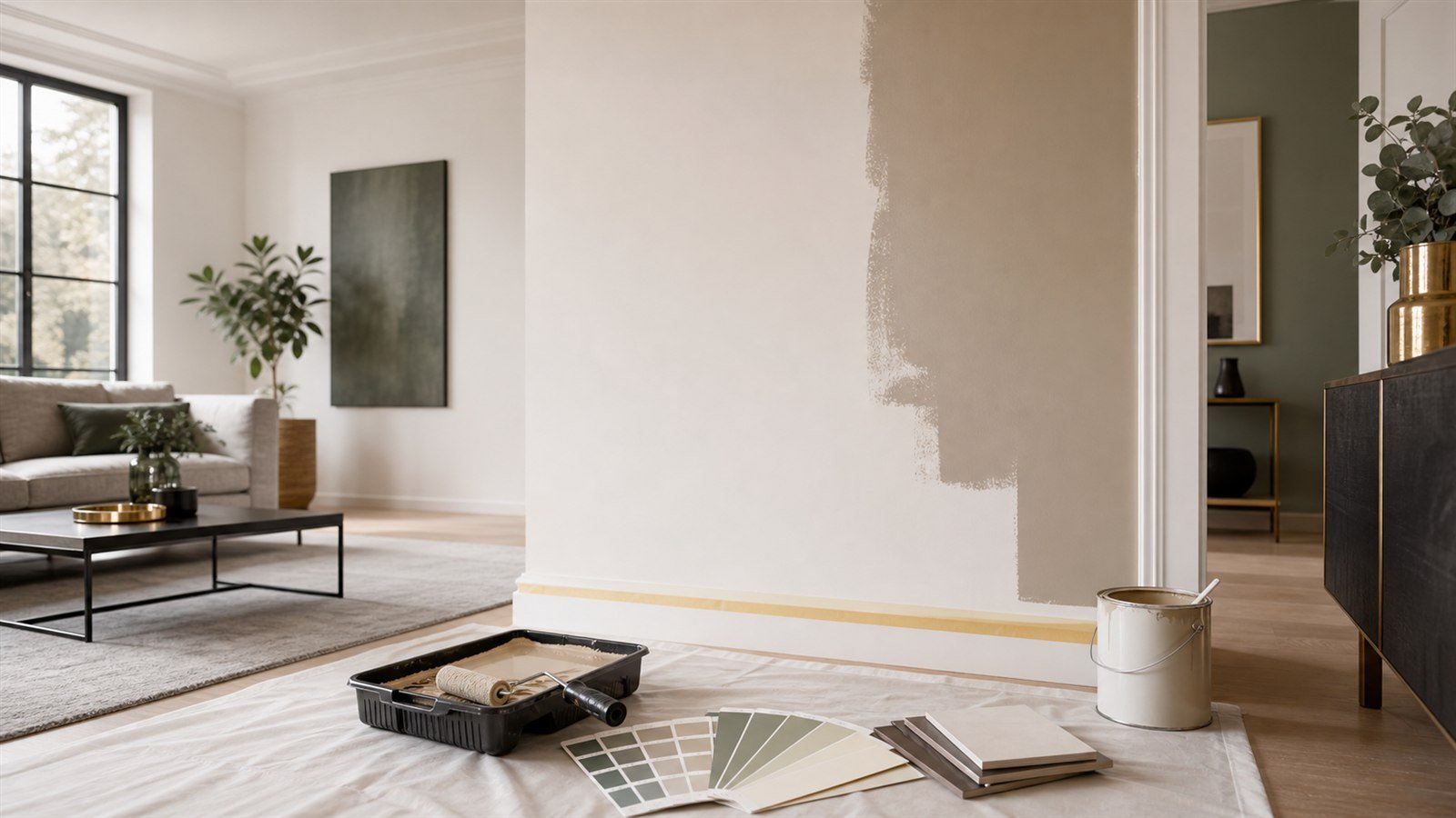 Préparation d'un projet de peinture intérieure dans un salon