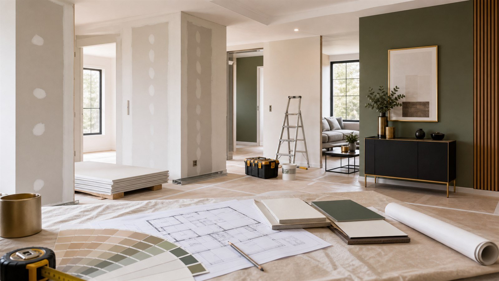 Organisation d'une rénovation complète avec plans, matériaux et chantier intérieur propre