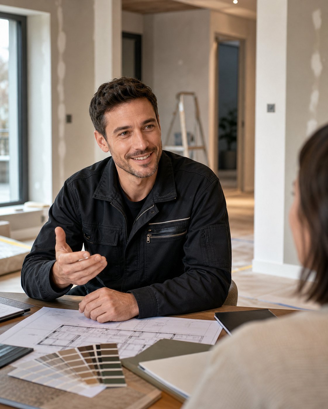 Professionnel DOCIRENOV expliquant un devis de rénovation intérieure