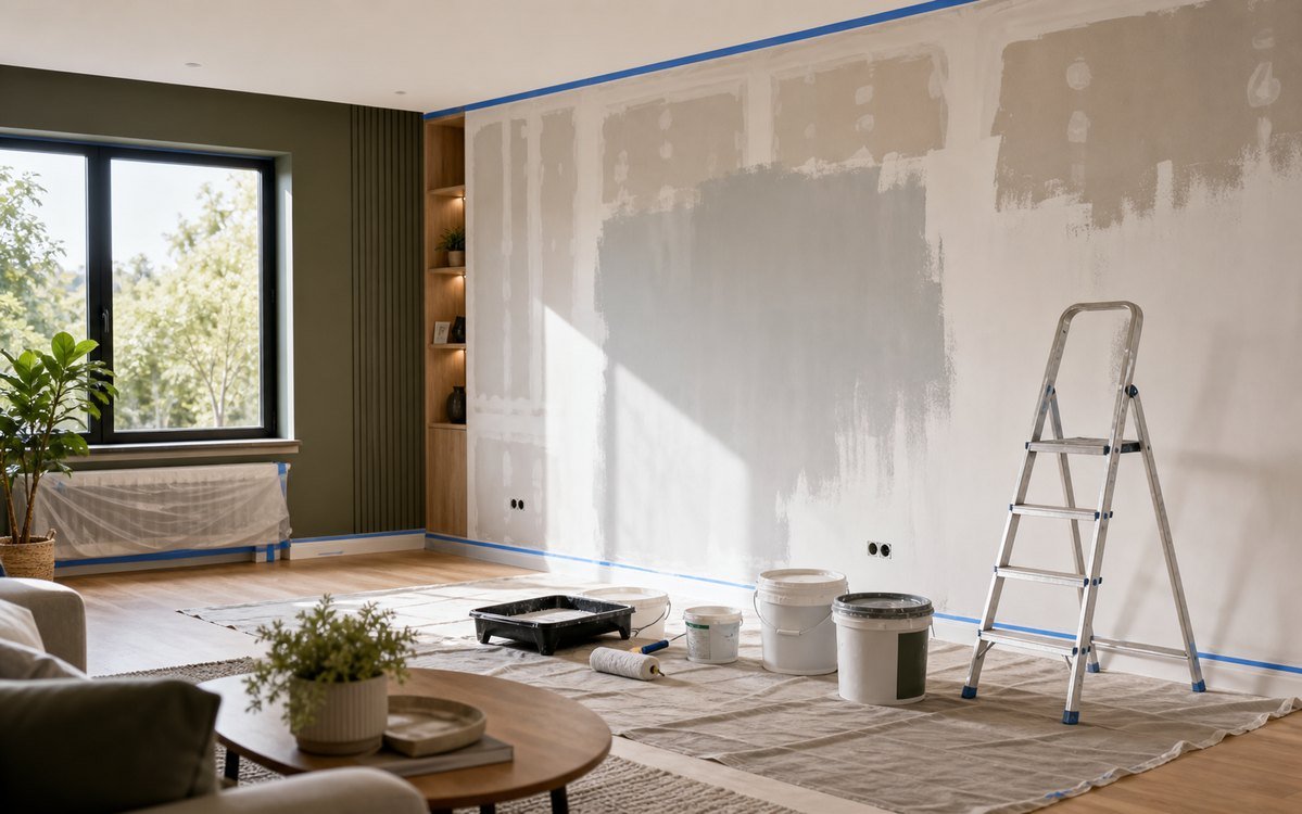 Pièce préparée pour des travaux de peinture intérieure