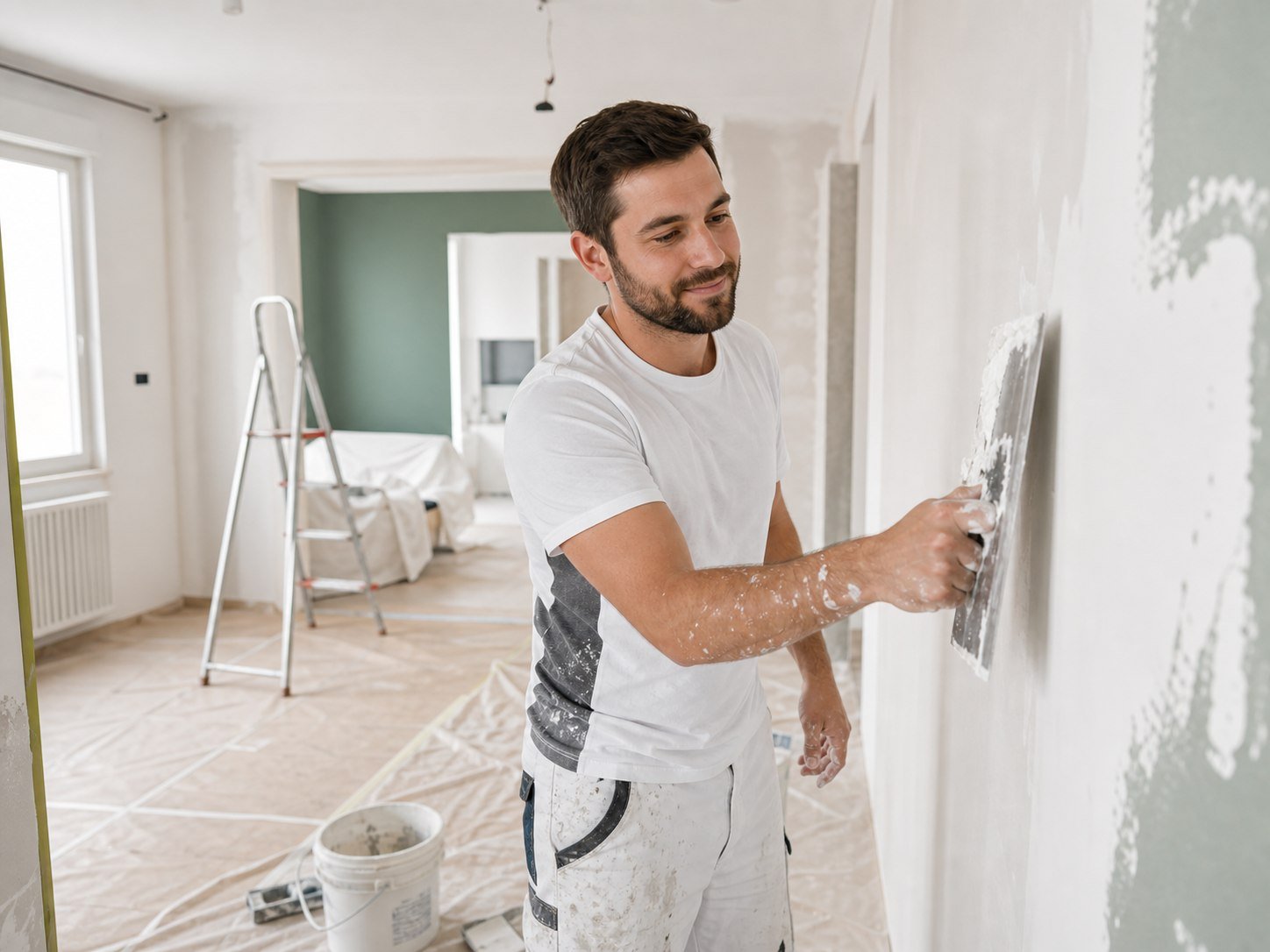 Professionnel préparant un mur intérieur pendant une rénovation